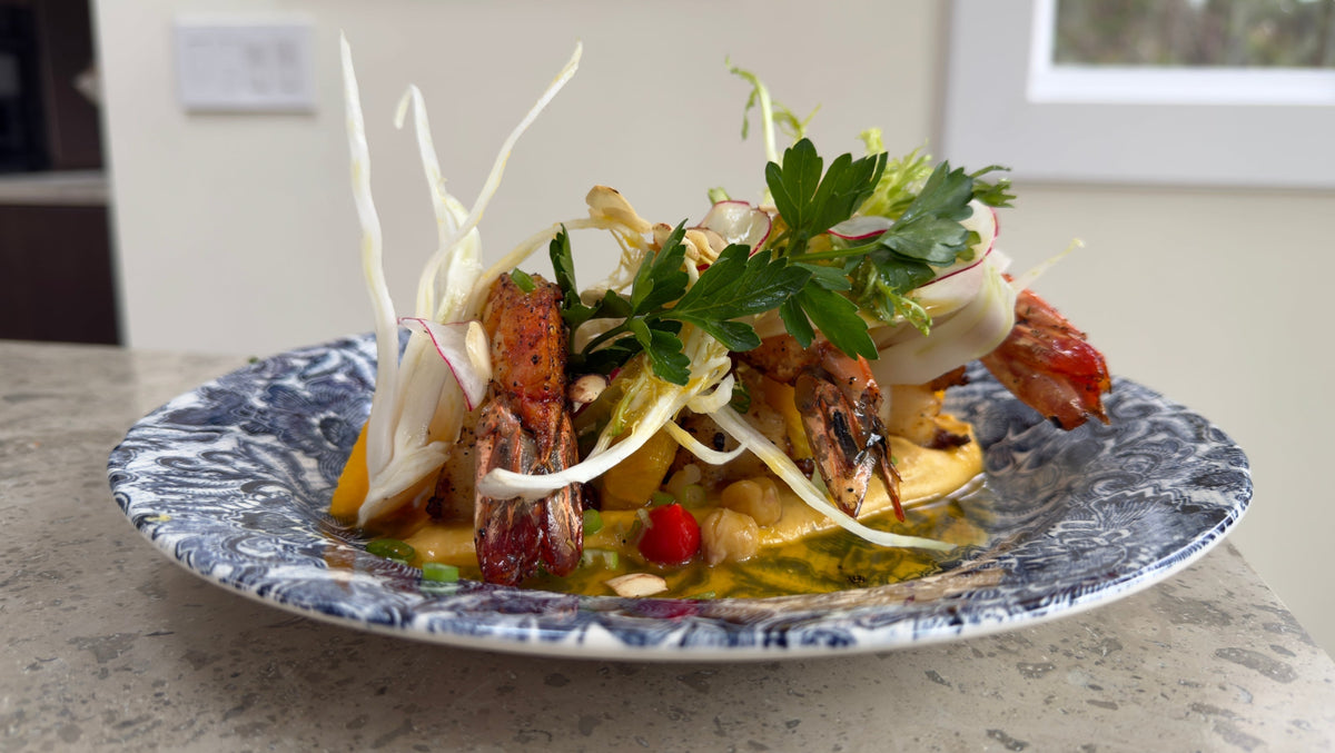 Seared Felton's Marinated Prawn, Carrot, Almonds w/ Orange Dressing